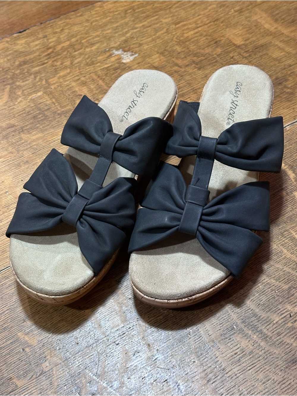 easy street Black Double Bow‎ Slide Sandals cork heel sz 9.5